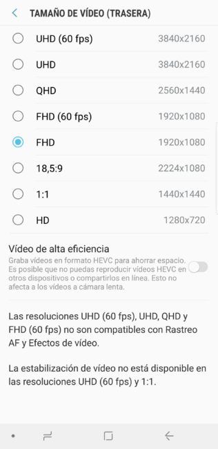 Resolución vídeo Samsung Galaxy S9+