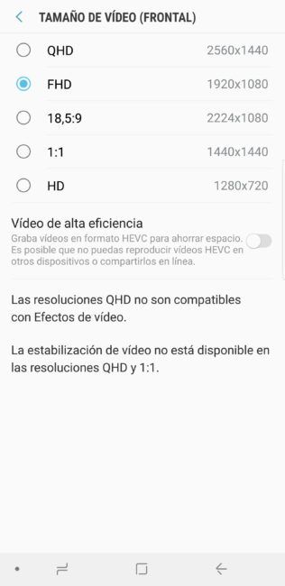 Resolución vídeo frontal del Samsung Galaxy S9+