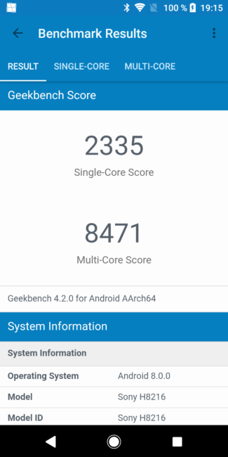 resultados en geekbench del Sony Xperia XZ2