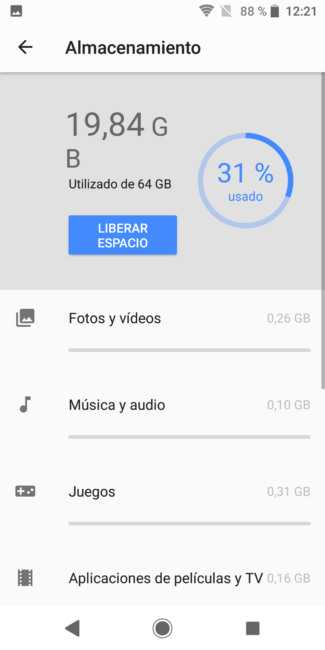 Almacenamiento en el Sony Xperia XZ2