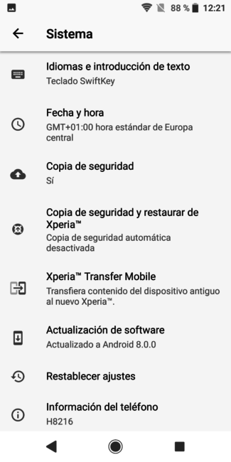 Información del sistema en el Sony Xperia XZ2