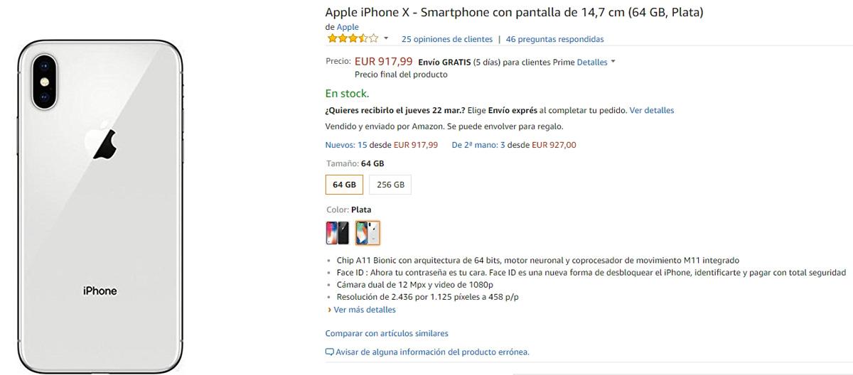 Opción de compra del iPhone X en Amazon