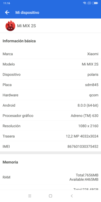 Información restultado Xiaomi Mi Mix 2S
