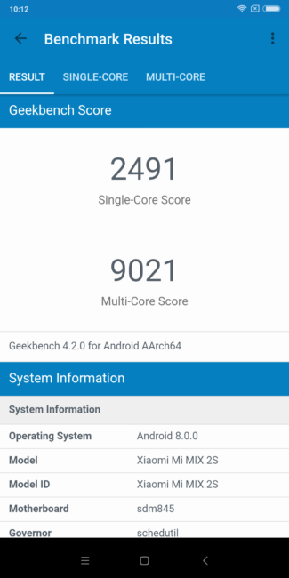 Restultado Xiaomi Mi Mix 2S geekbench