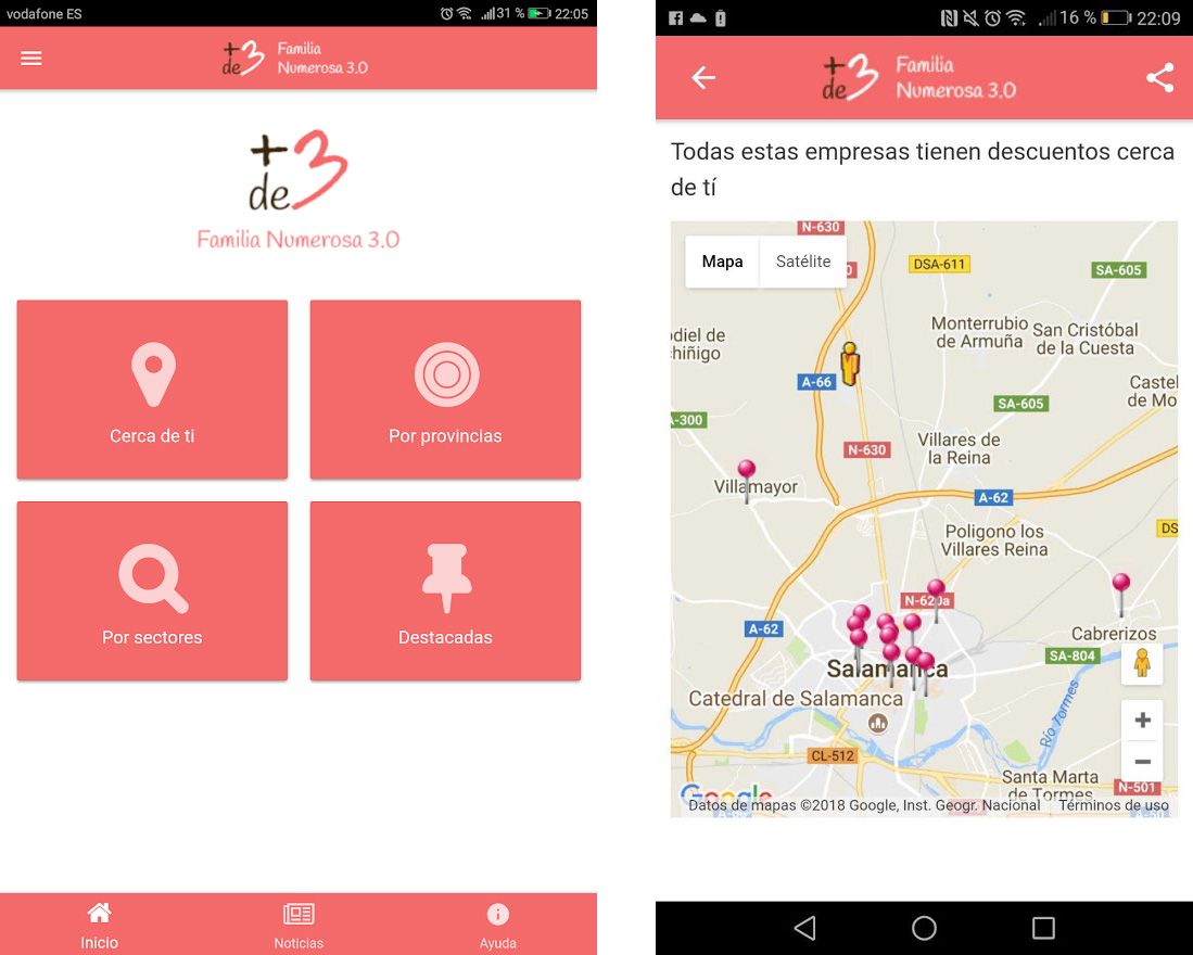 Interfaz gráfica de la app Más de 3