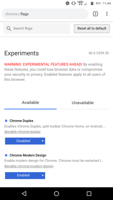 Interfaz de Chrome 66 para Android