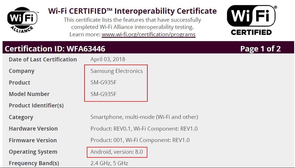 Registro del Samsung Galaxy S7 con Android 8 Oreo en la WiFi Alliance