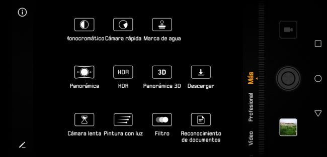 Opciones dela aplicación cámara del Huawei P20 Pro