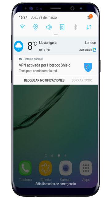 tarjeta en Barra de notificaciones en Hotspot Shield VPN