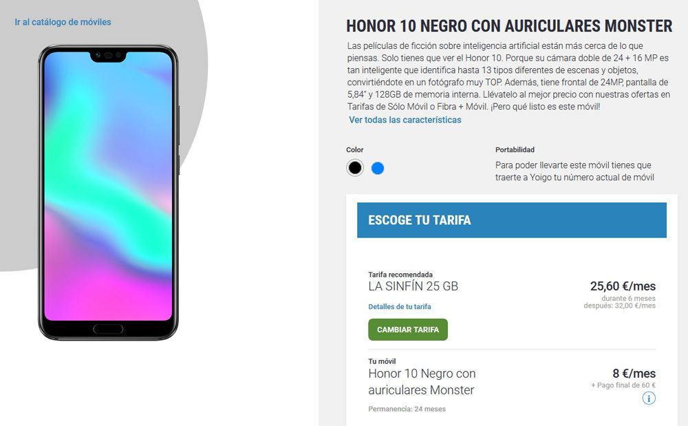 Precios y tarifas para comprar el Honor 10 en Yoigo