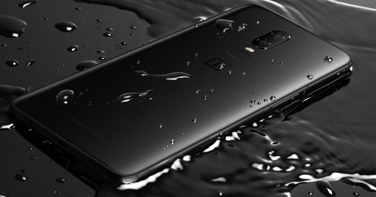 OnePlus 6 con carcasa de cristal sobre una superficie mojada
