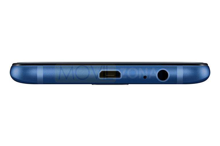 Samsung Galaxy A6 azul detalle del conector de batería y auriculares
