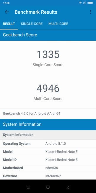 Resultado Geekbench del Xiaomi Redmi Note 5