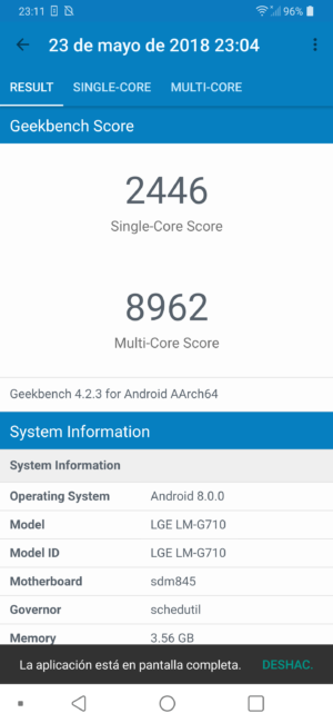 Resultados en Geeknbench del LG G7 ThinQ