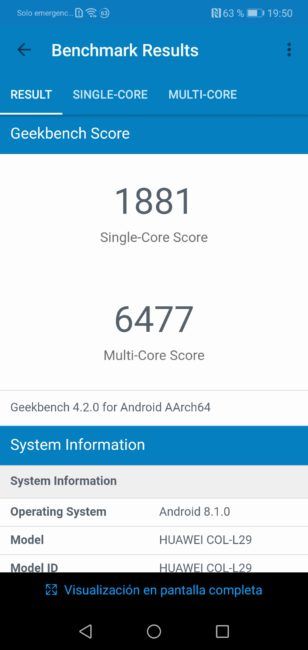 Resultados en Geekbench del Honor 10