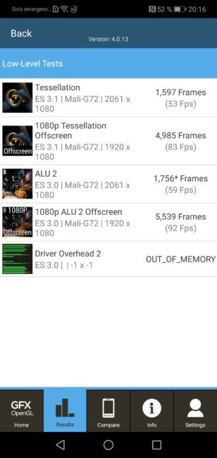Resultados GFXbench del Honor 10