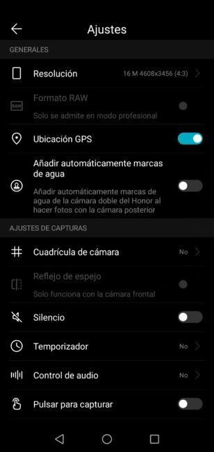 Opciones de las cámara del Honor 10