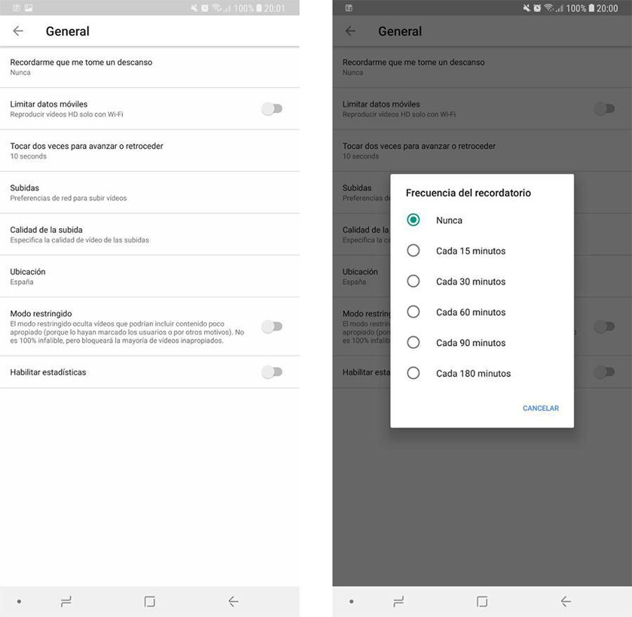 Apartado de ajustes de la app de YouTube para Android
