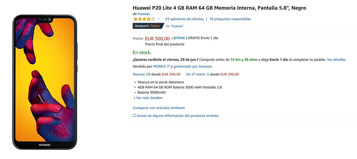 Opción de compra del Huawei P20 Lite en Amazon