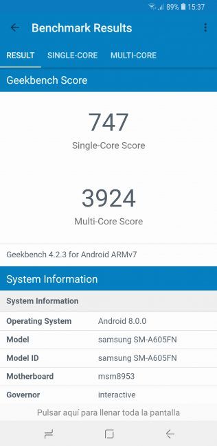 Resultado en Geekbench del Samsung Galaxy A6+ 2018