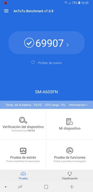 Resultado en AnTuTu con el Samsung Galaxy A6+ 2018
