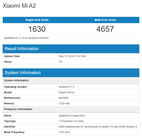 xiaomi mi a2 geekbench