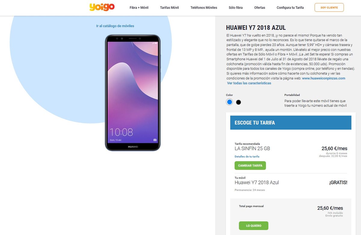 Huawei Y7 2018 gratis en el catálogo de Yoigo