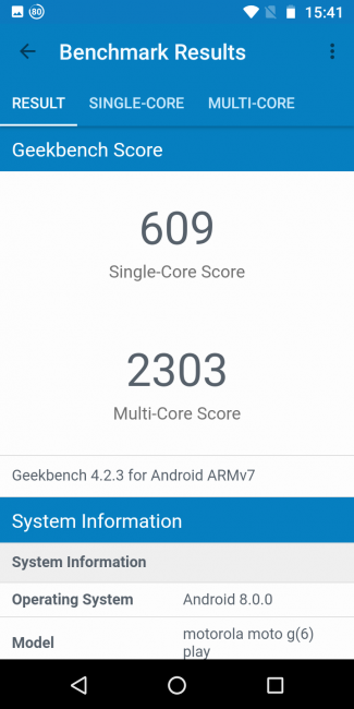 resultado en Geekench del Moto G6 Play