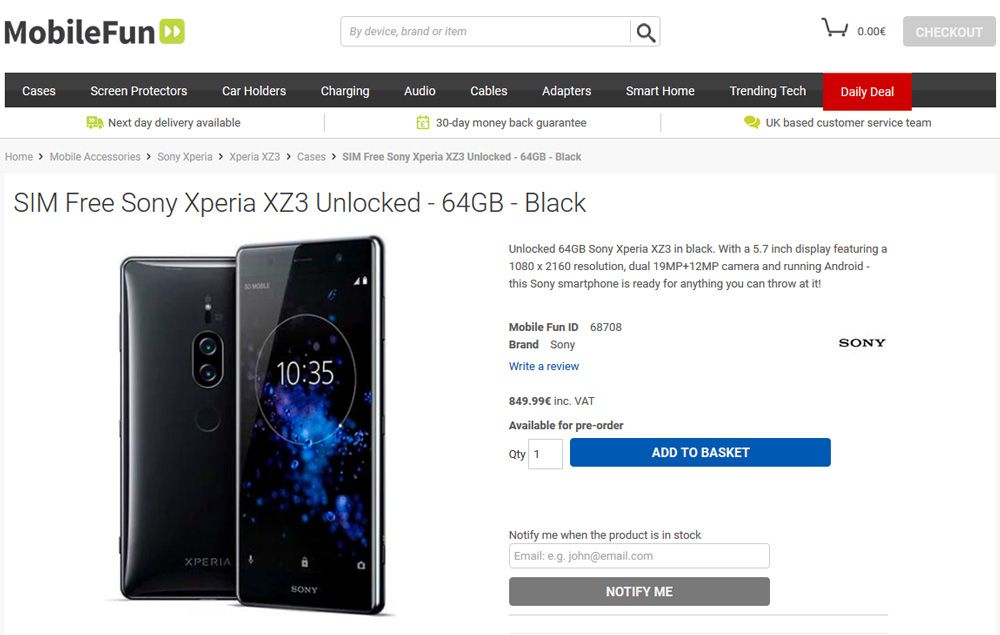 Precio y características del Sony Xperia XZ3 filtrados en MobileFun