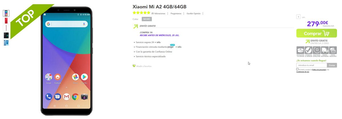 Precio del Xiaomi Mi A2 en España fijado en una tienda online