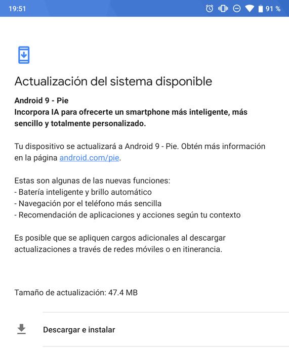 Notificación de disponibilidad de actualización OTA de Android 9.0 Pie