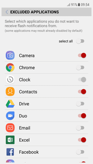 Selección de aplicaciones activas con app Notificación de Flash