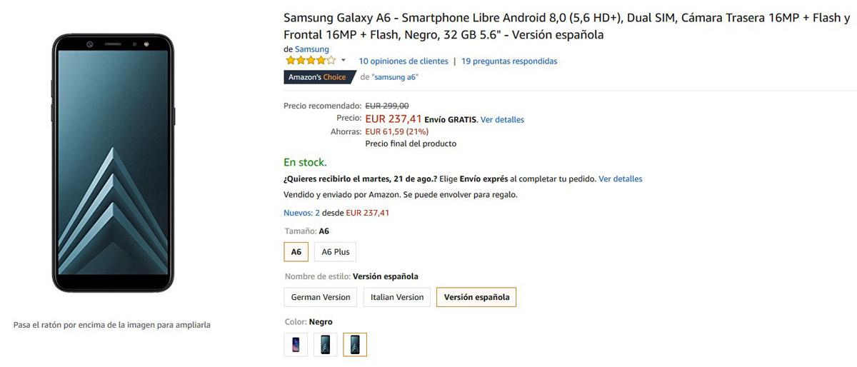 Oferta del Samsung Galaxy A6 en Amazon