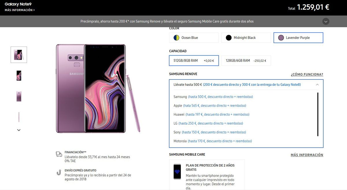 Precompra del Galaxy Note 9 en la tienda de Samsung