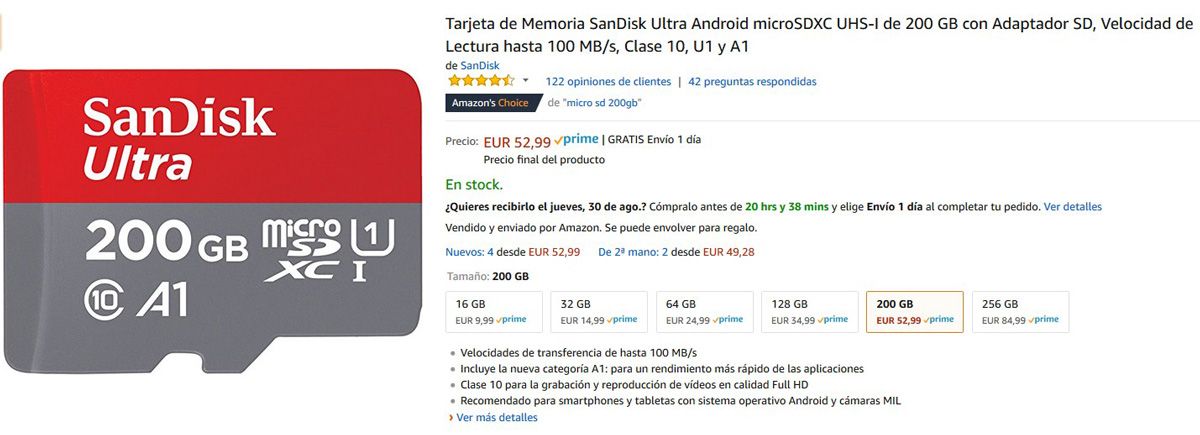 Tarjeta micro SD de 200 GB de SanDisk
