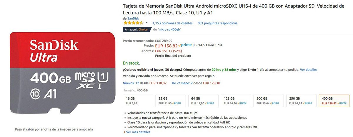 Tarjeta micro SD de 400 GB de SanDisk