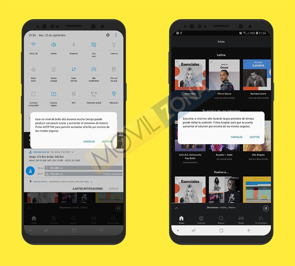 Aviso de advertencia sobre el nivel de brillo máximo de la pantalla en un Samsung Galaxy