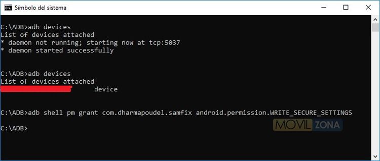 Comando ADB para activar la app SamFix