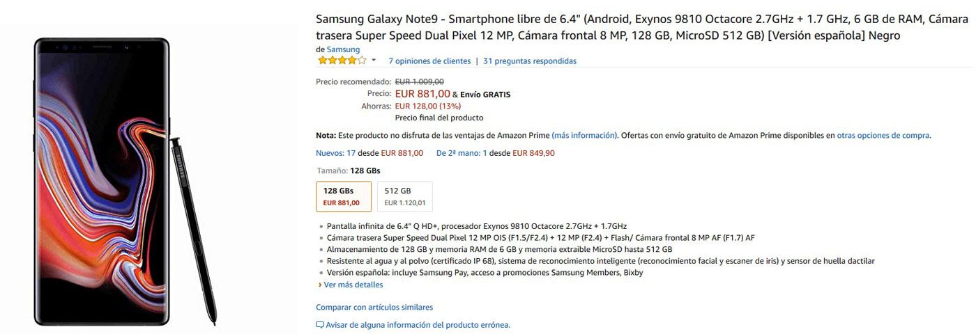Precio del Galaxy Note 9 en Amazon