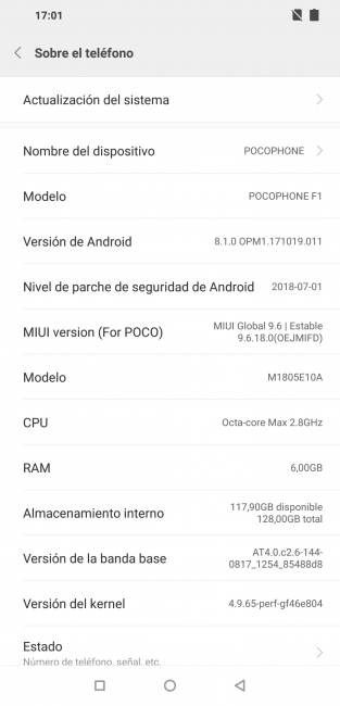 Datos de sistema del Pocophone F1