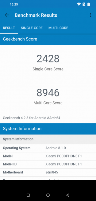 Resultado en Geekbench con el Pocophone F1