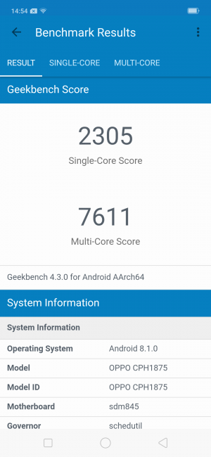 Resutado en geekbench con el Oppo Find X