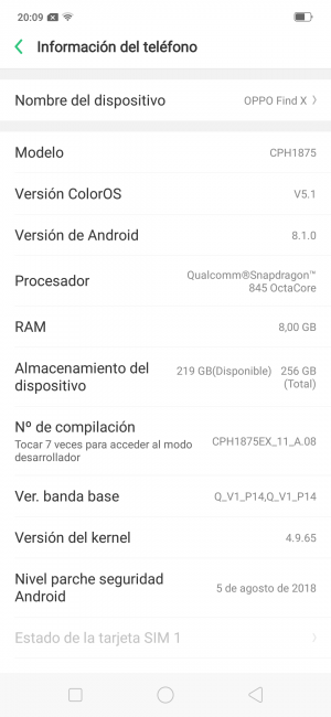 Opciones de sistema del Oppo Find X