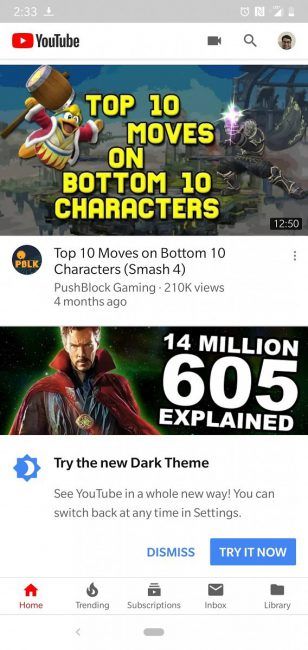 Youtube en Android aviso de dark mode