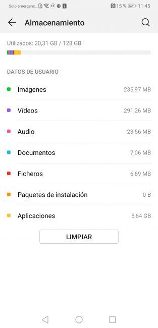 Almacenamiento de Huawei Mate 20