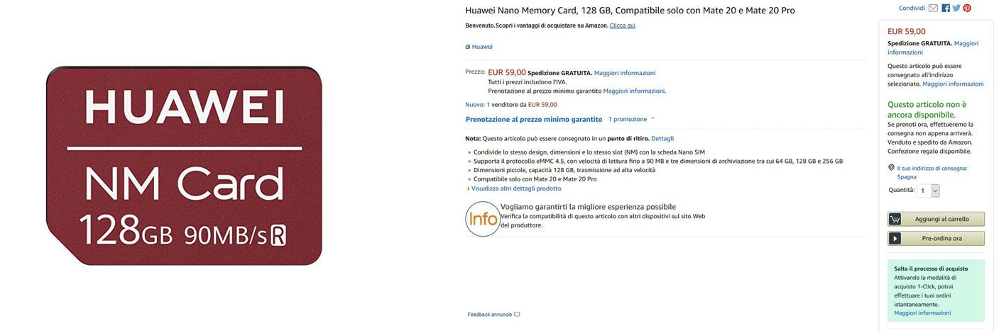 Aparado de la tienda de Amazon desde la que comprar la tarjeta NM Card de Huawei