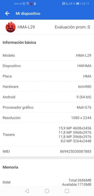 Datos en AnTuTu con el Huawei Mate 20