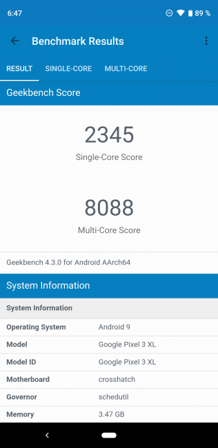 Resultados Geekbench Pixel 3 XL