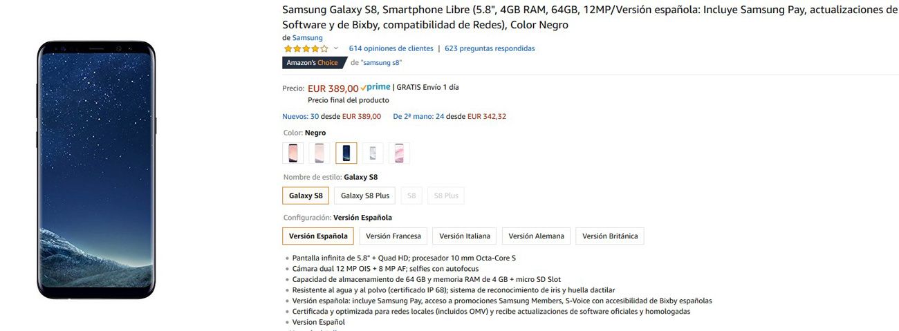 La mejor oferta del Samsung Galaxy S8 en Amazon