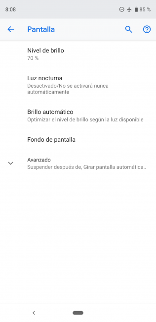 Pantalla en los Ajustes del Pixel 3 XL